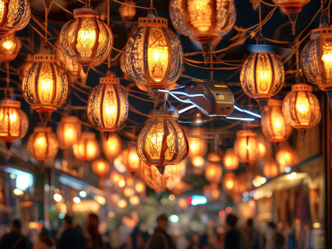 无人机助力夜市街灯笼装配新体验 无人机助力夜市街灯笼装配新体验